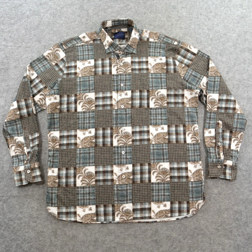 Calder Carmel Shirt Mens Extra Large Brown Button Up Flannel Paisley Plaid Patch
